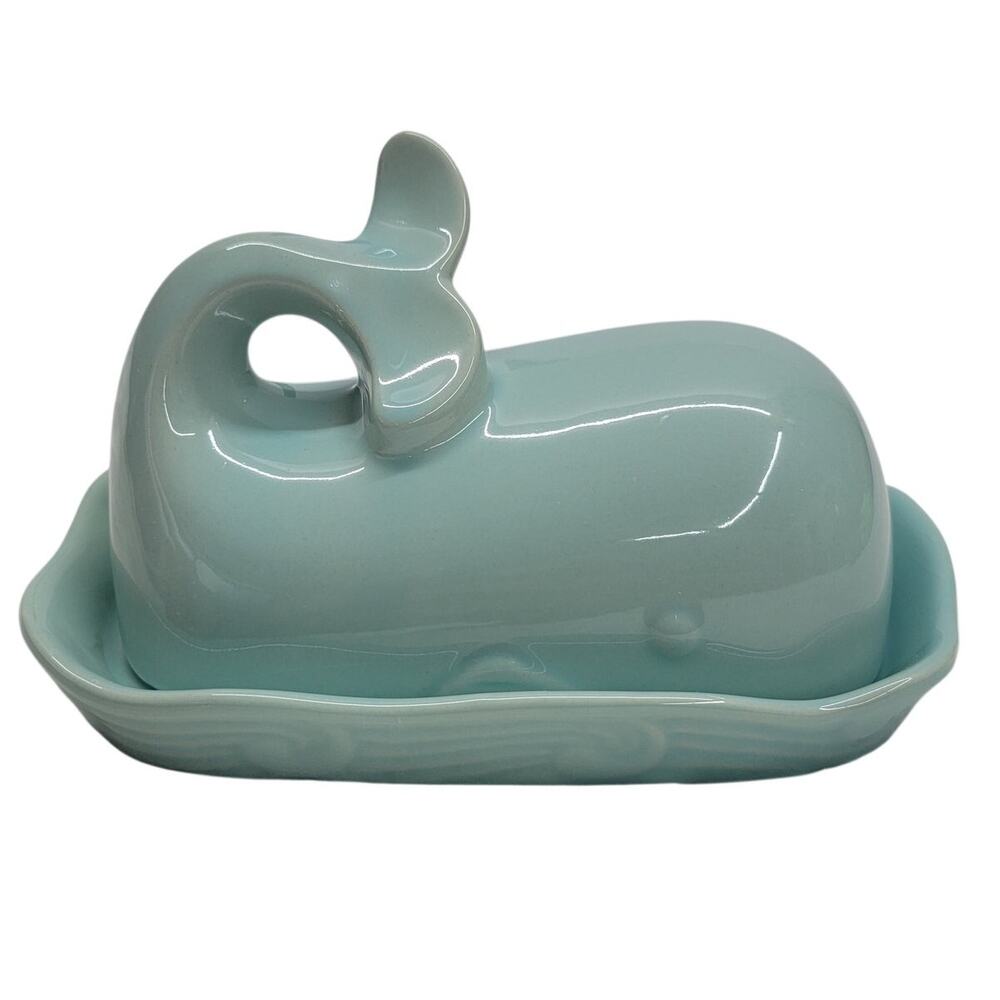 Two's Company Whale Butter Dish with Tray Aqua Blue Ceramic Coastal Kitchen
